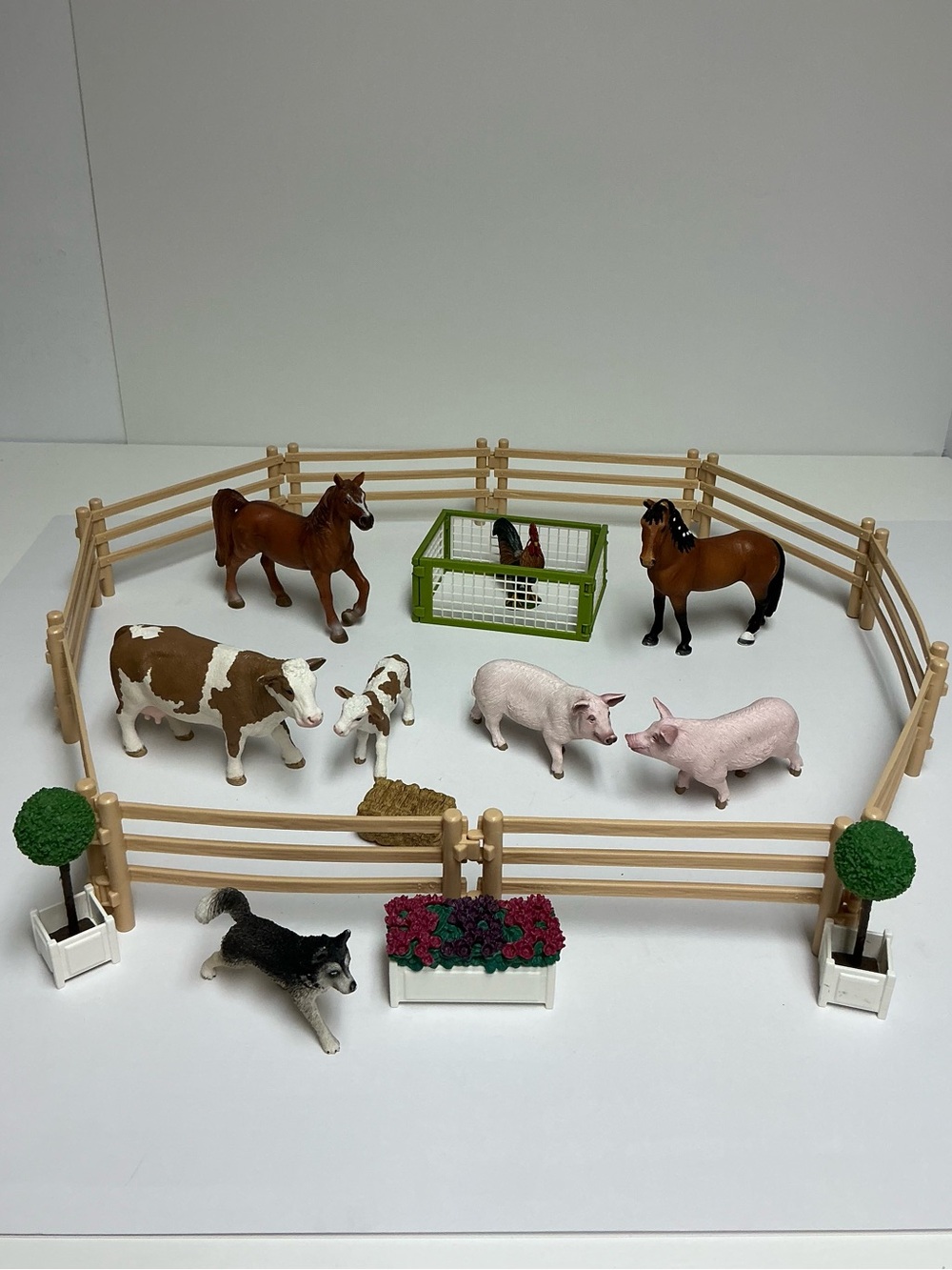 Schleich Farm Animals Lot with Fence- Horses, Cow, Calf, Pigs, Rooster, Dog